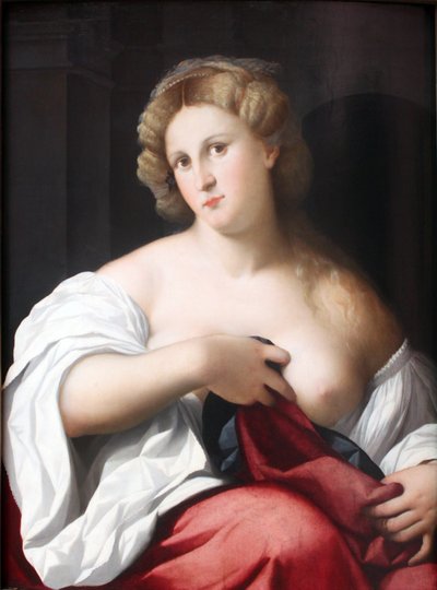 Portret van een jonge vrouw met blote borst door Palma il Vecchio
